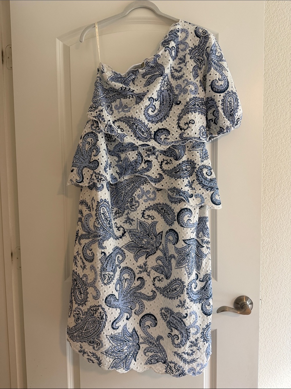 FARM Rio One-Shoulder White Dress with Blue Paisley